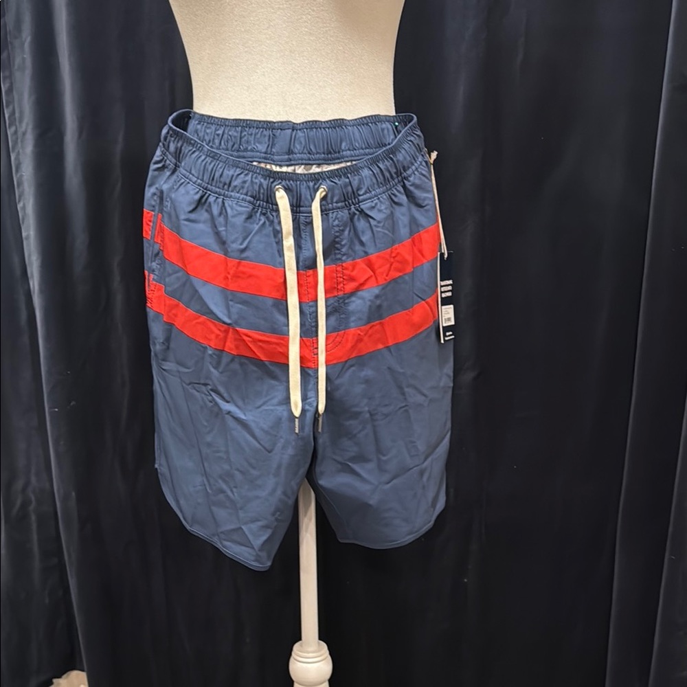 Fair Harbor Navy and Red Striped Swim Trunks